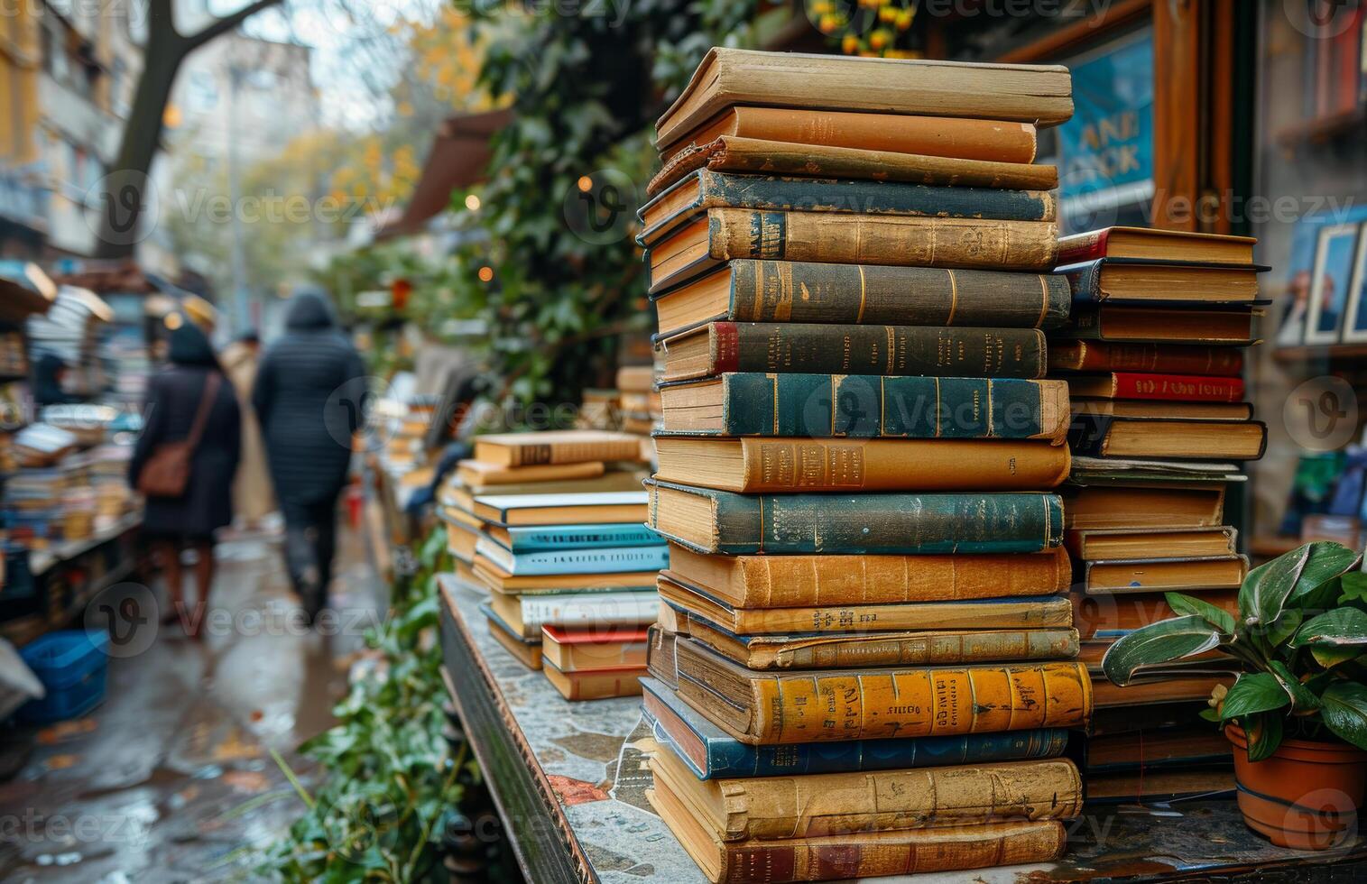 Old books stacked on table in street market photo