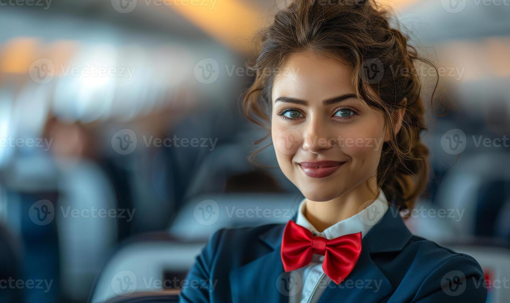 Beautiful air hostess in uniform smiling while looking at the camera in the airplane photo