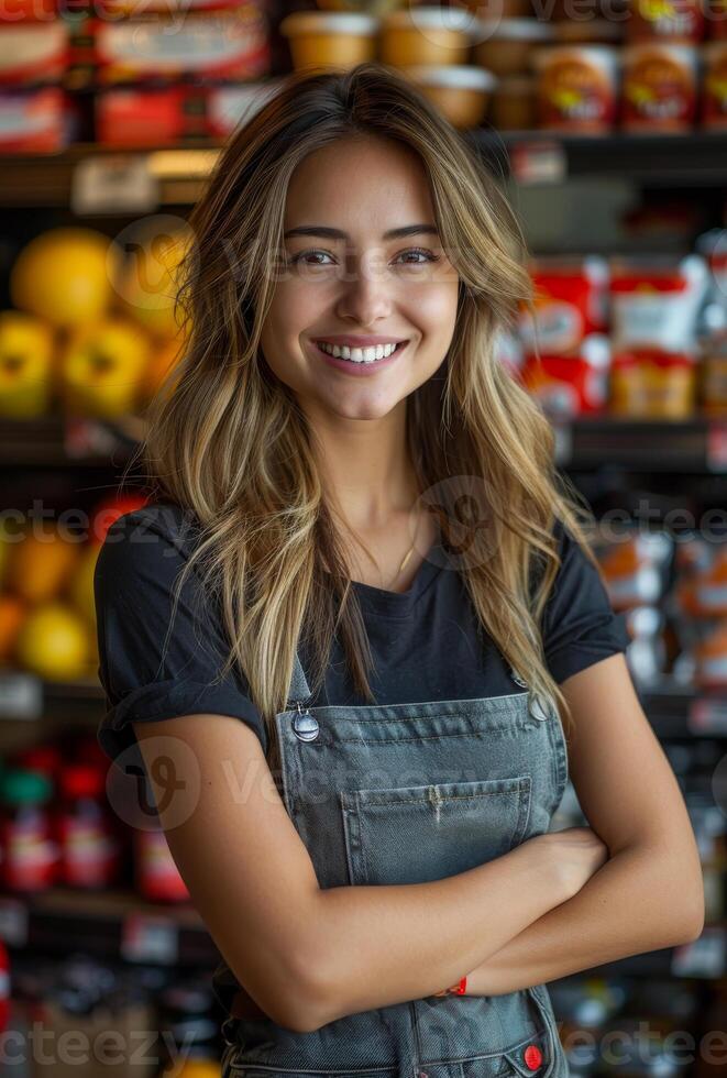Portrait of beautiful saleswoman standing at supermarket with arms crossed photo