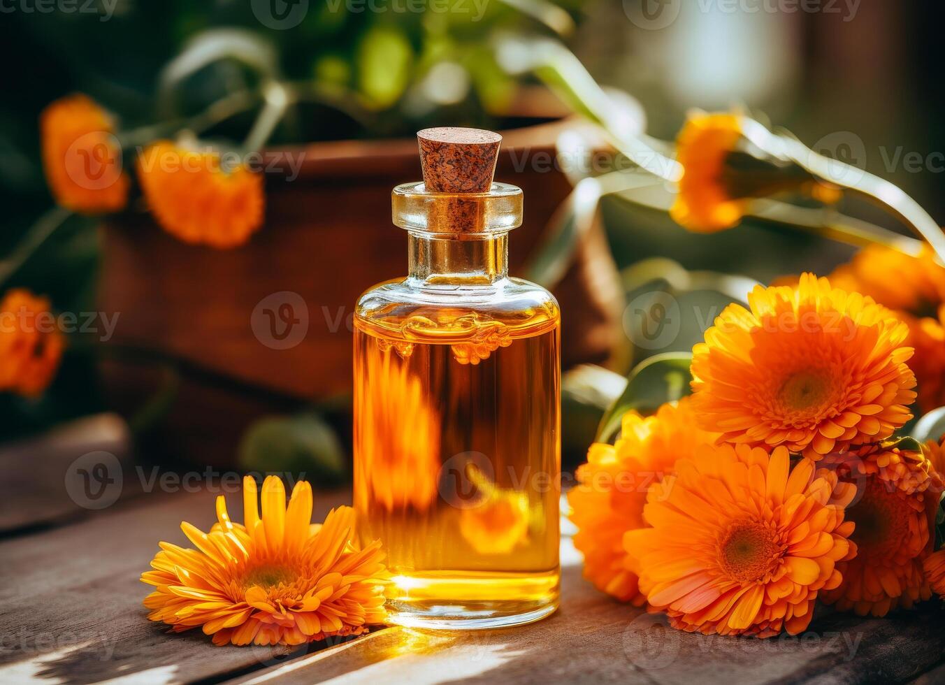 Bottle of calendula essential oil with fresh calendula flowers photo
