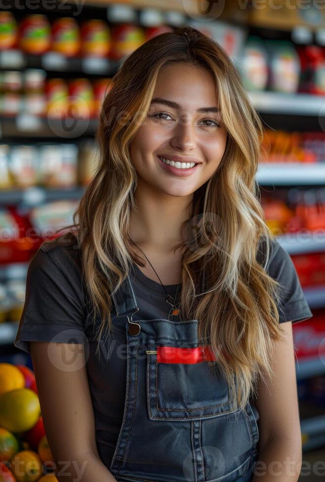 Young woman stands in front of fruit display photo