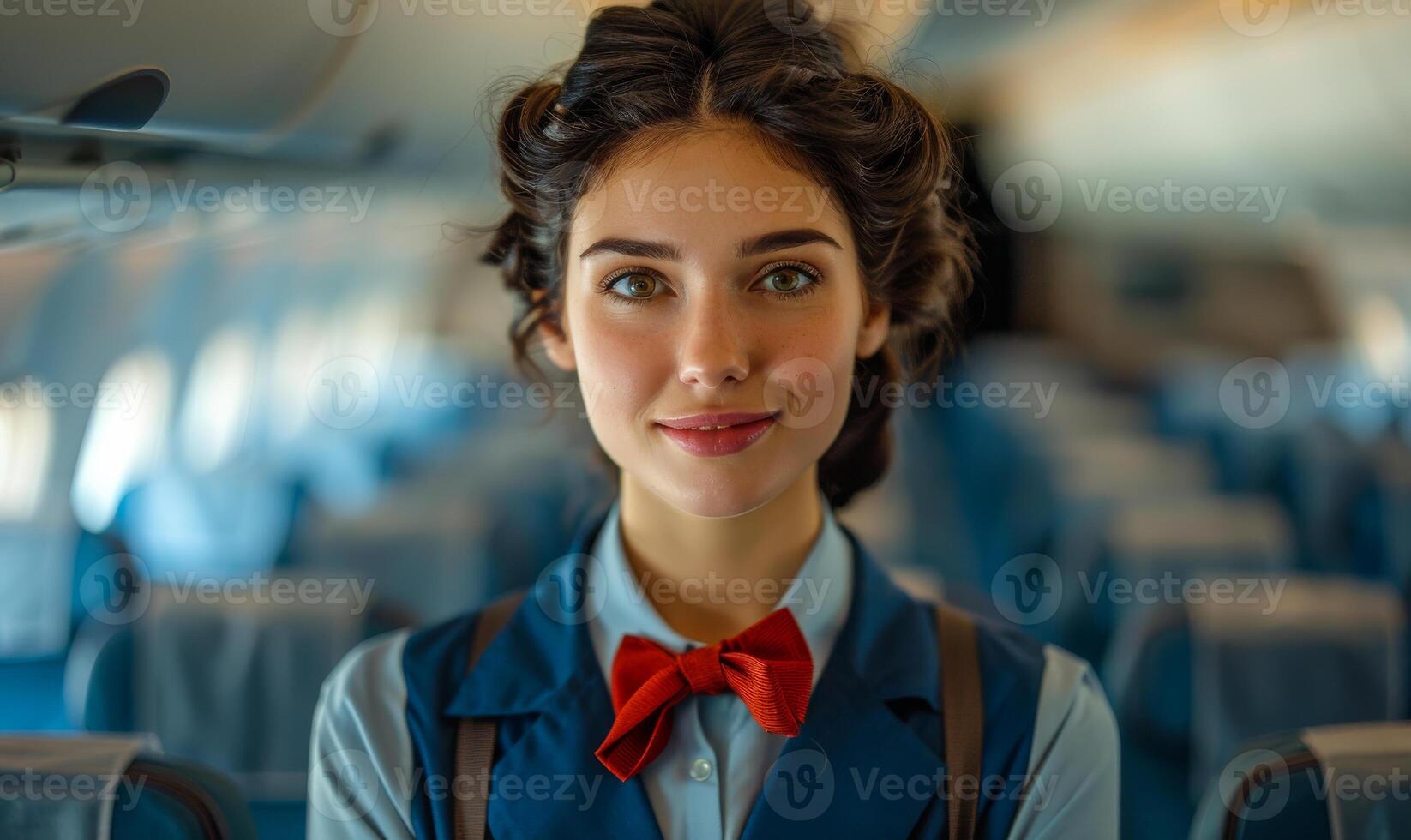 Beautiful air hostess posing at the airport. A beautiful flight attendant standing in the cabin of an airplane photo