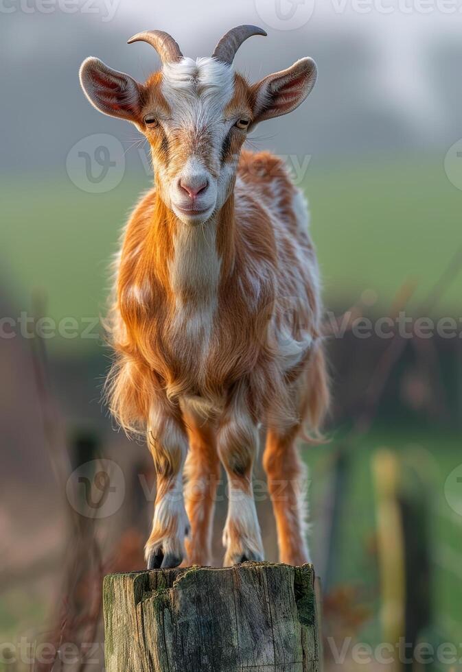 Young brown and white goat stands on wooden post in field photo