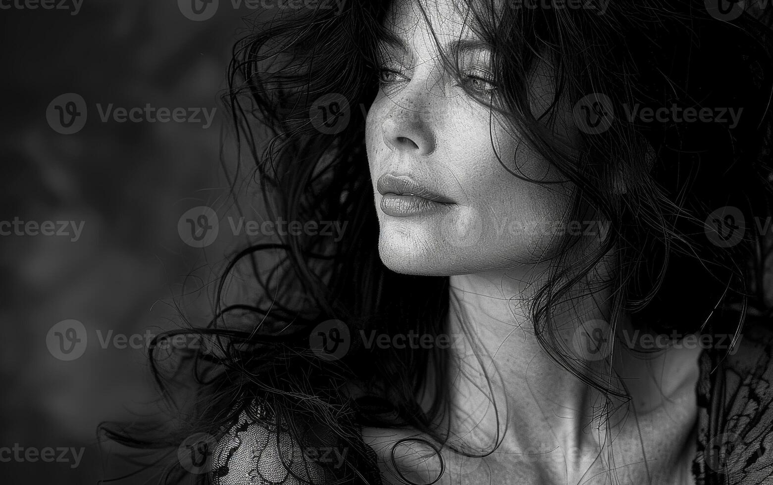 Woman with long dark hair looks off to the side. 40 year old woman photo