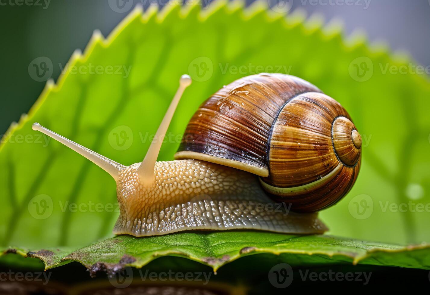 Snail crawling on green leaf. A closeup photo of an snail