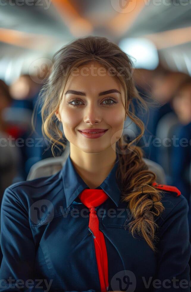 Beautiful air hostess is smiling while standing in the airplane photo