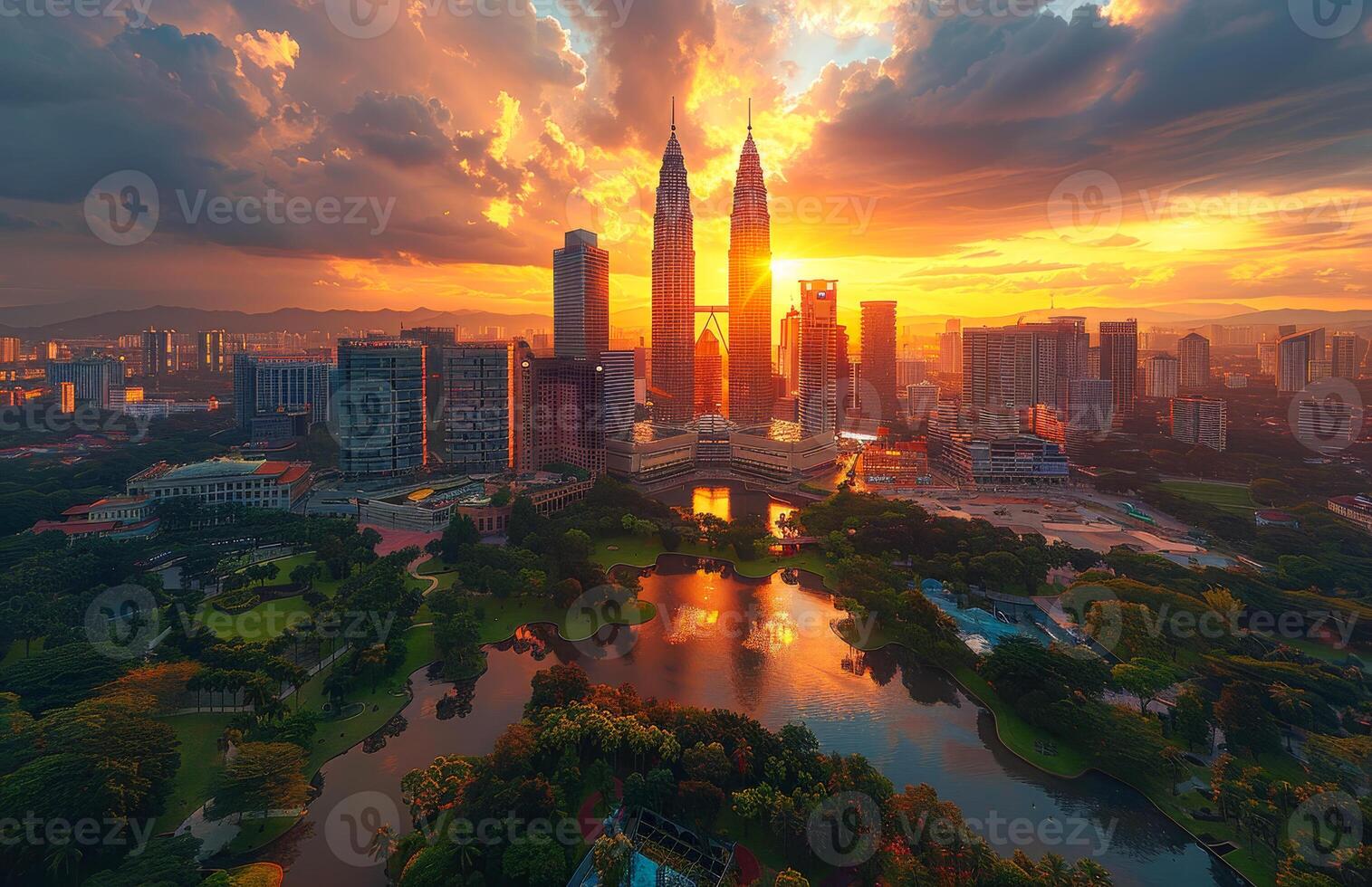 A panoramic view of the city skyline. Modern buildings in the city by the river at sunset photo