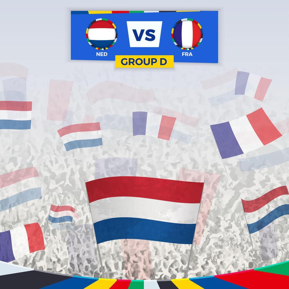 Football fans cheering with flags for the match between Netherlands and France. Sport illustration for football competition in Europe. vector