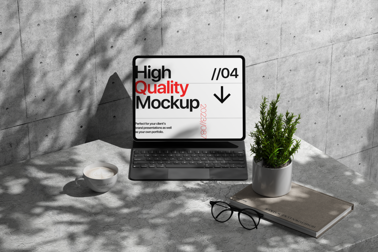 Device Mockup and Keyboard with Decoration and Shadow psd