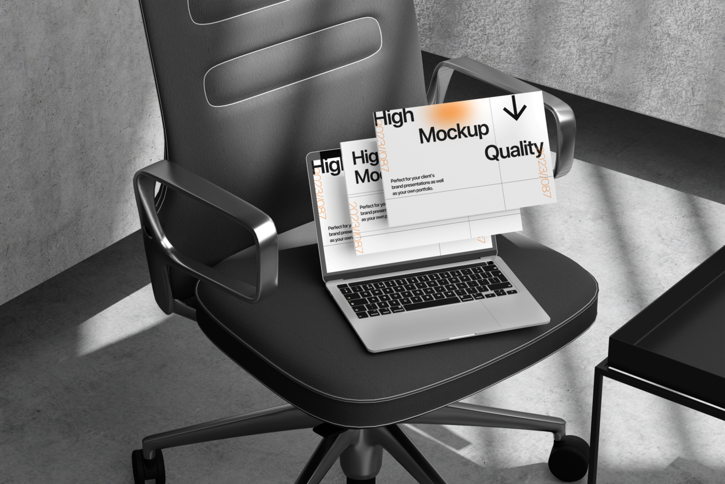 3d device laptop multiple screen on the chair with shadow and wall background psd