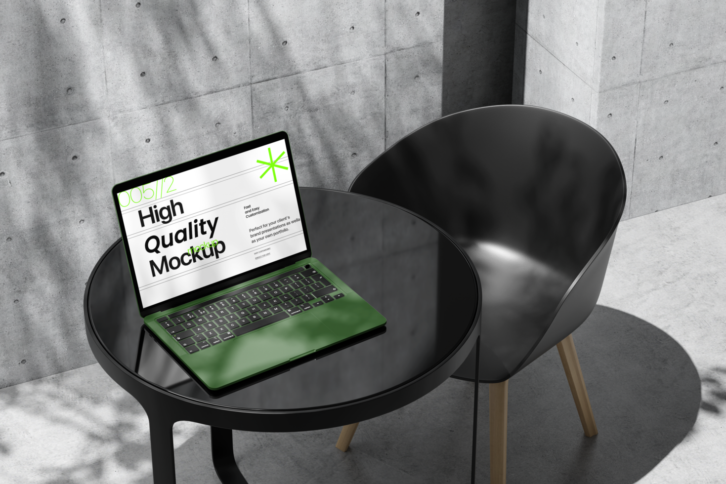 Device laptop mockup on the desk with realistic chair and shadow psd