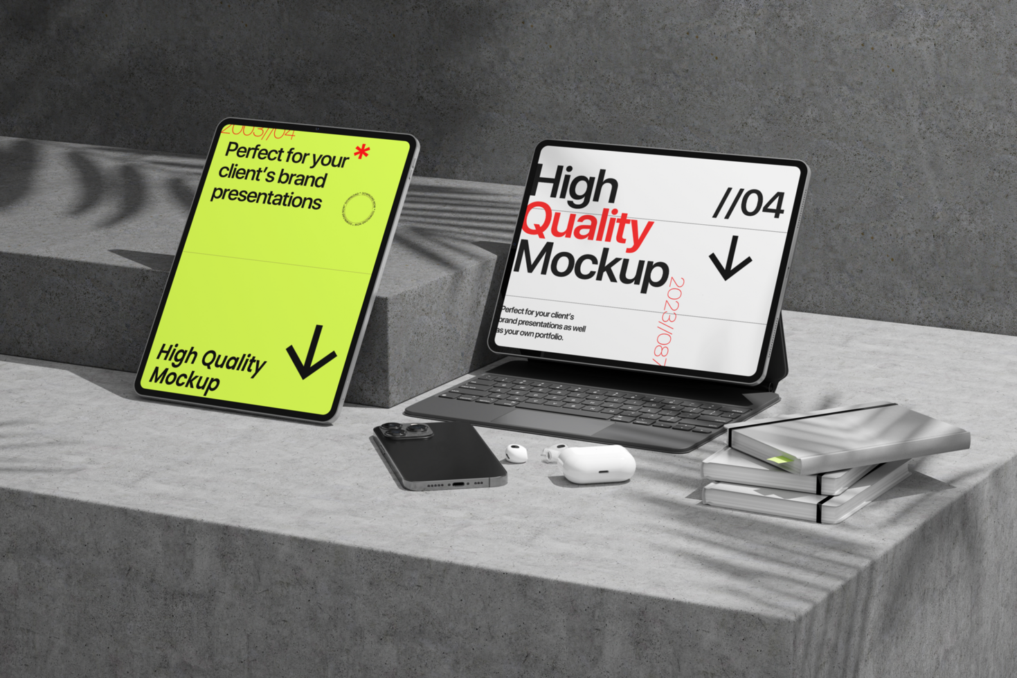 Tablet device mockup and decoration with wall background psd