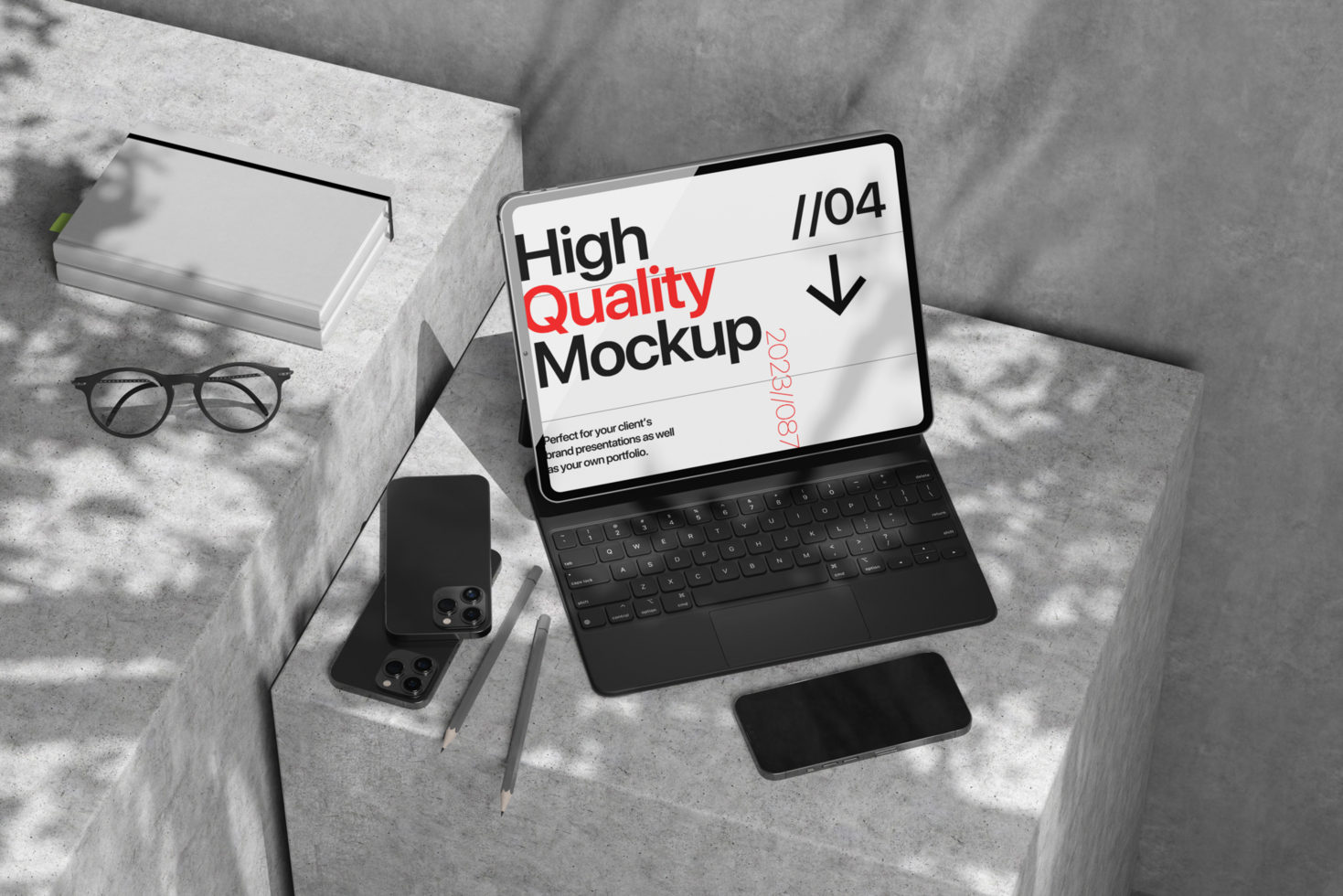 Mockup Device with Keyboard and Decoration psd