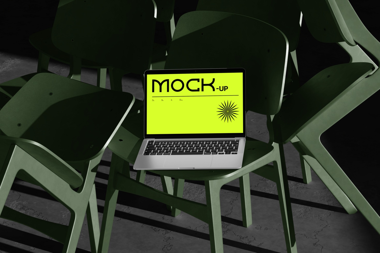 Laptop computer device mockup with chair background psd