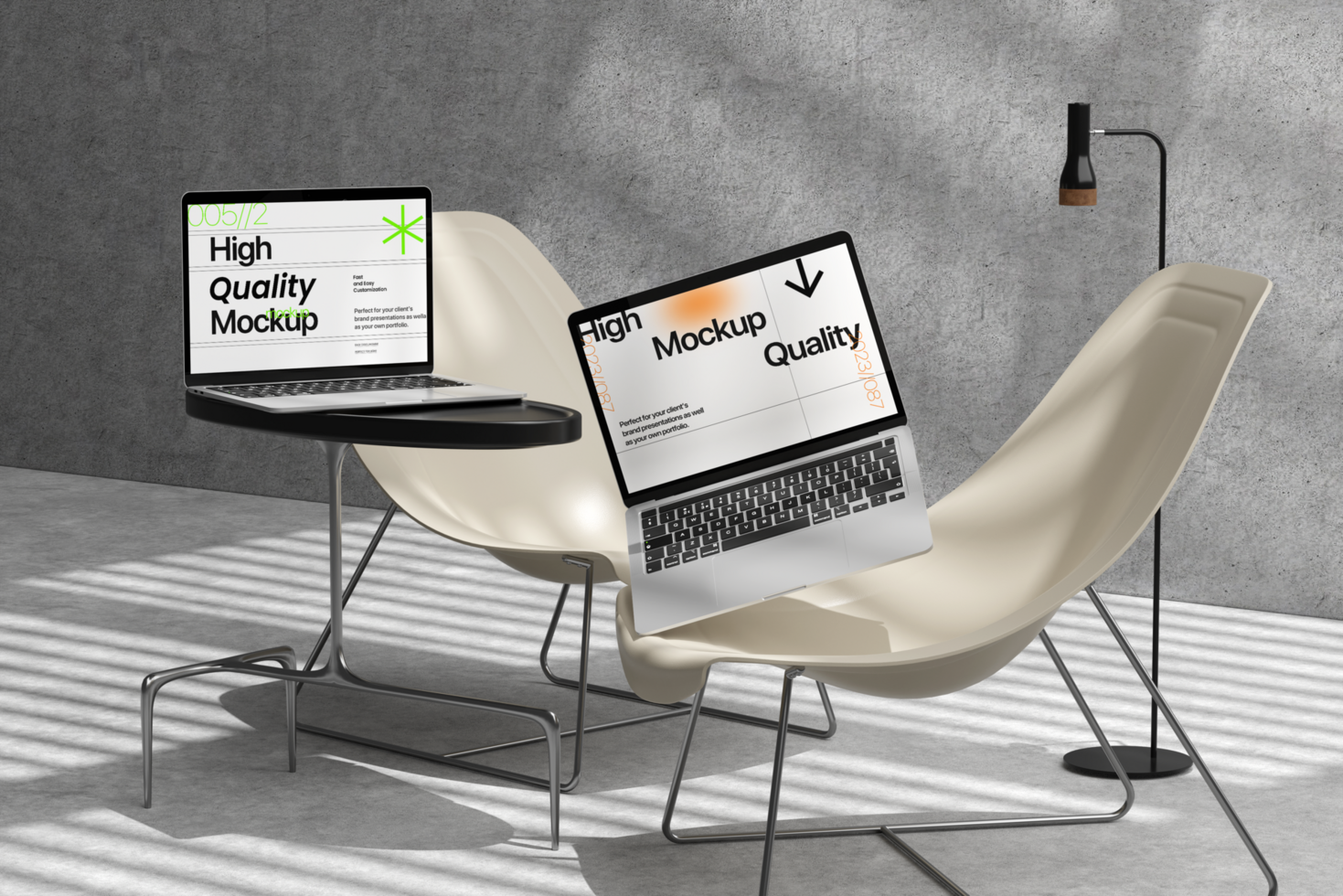 Realistic laptop 3d mockup on the furniture with wall and shadow background psd