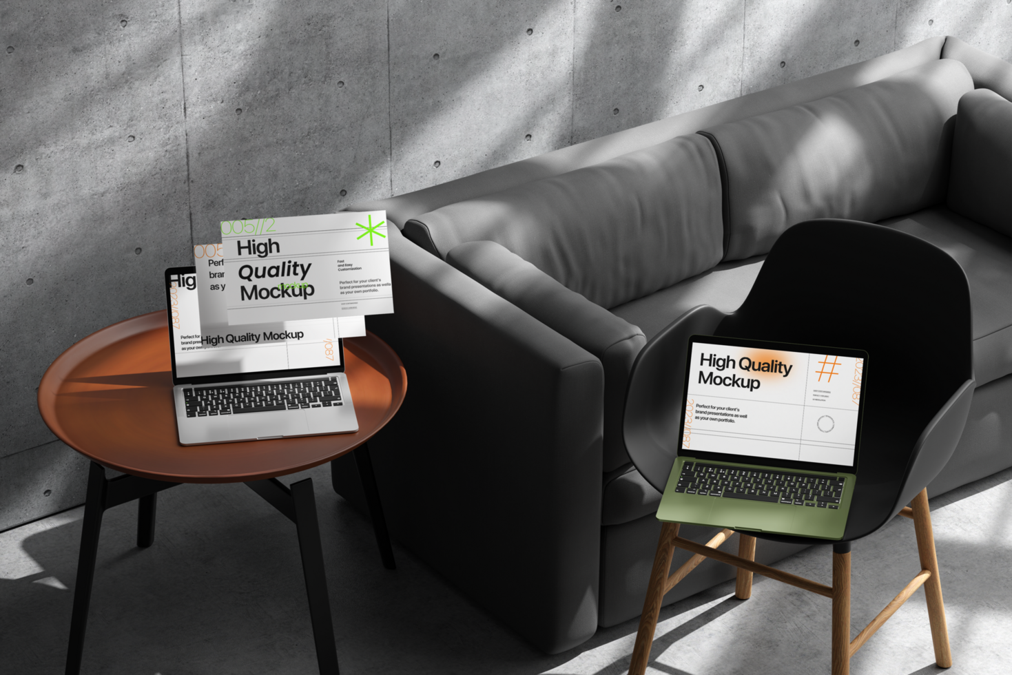 3d Laptop Mockup on the Chair and Desk with Sofa and Wall Background psd