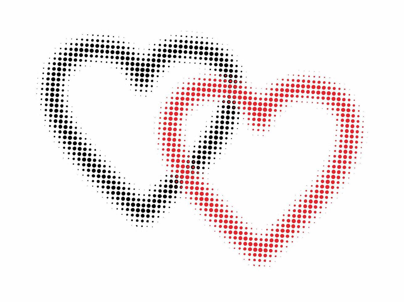 Two halftone hearts linked each other. Two heart connection. vector