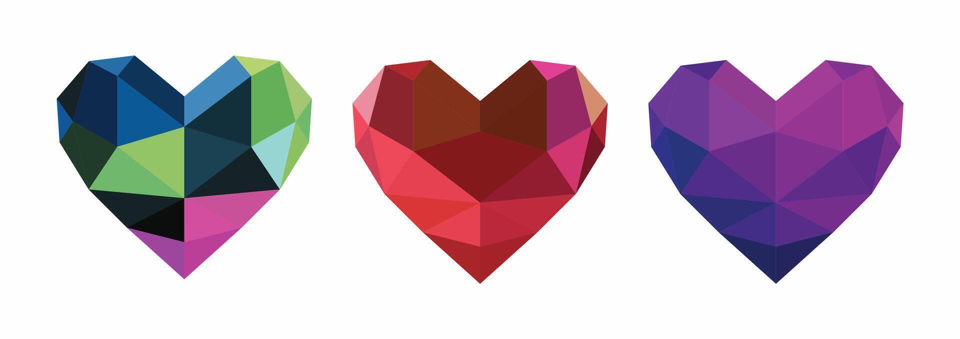 Set of artistic 3D heart shaped. Colorful mosaic hearts symbol. Low poly hearts design element. vector