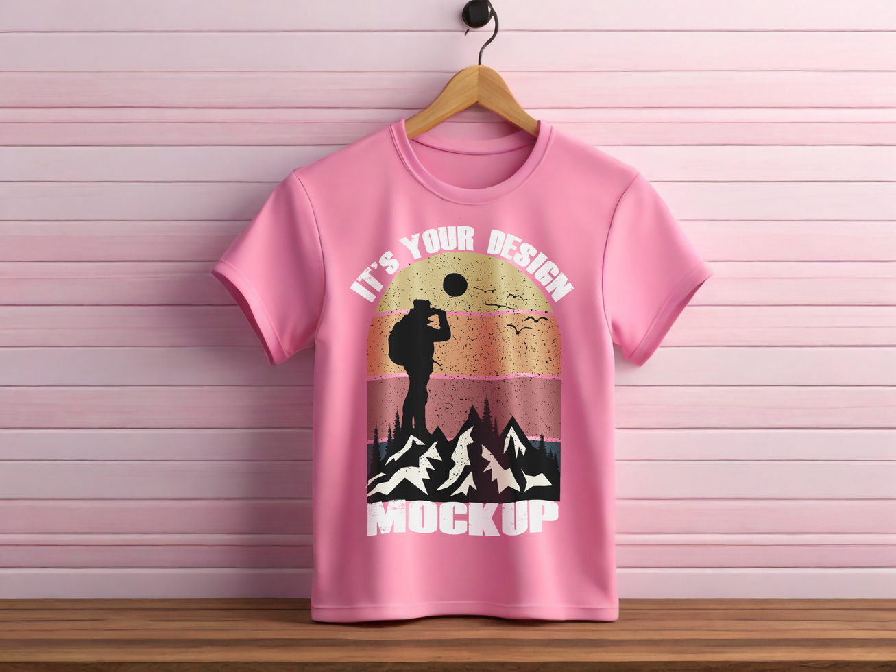 Pink tshirt mockup with wood background psd