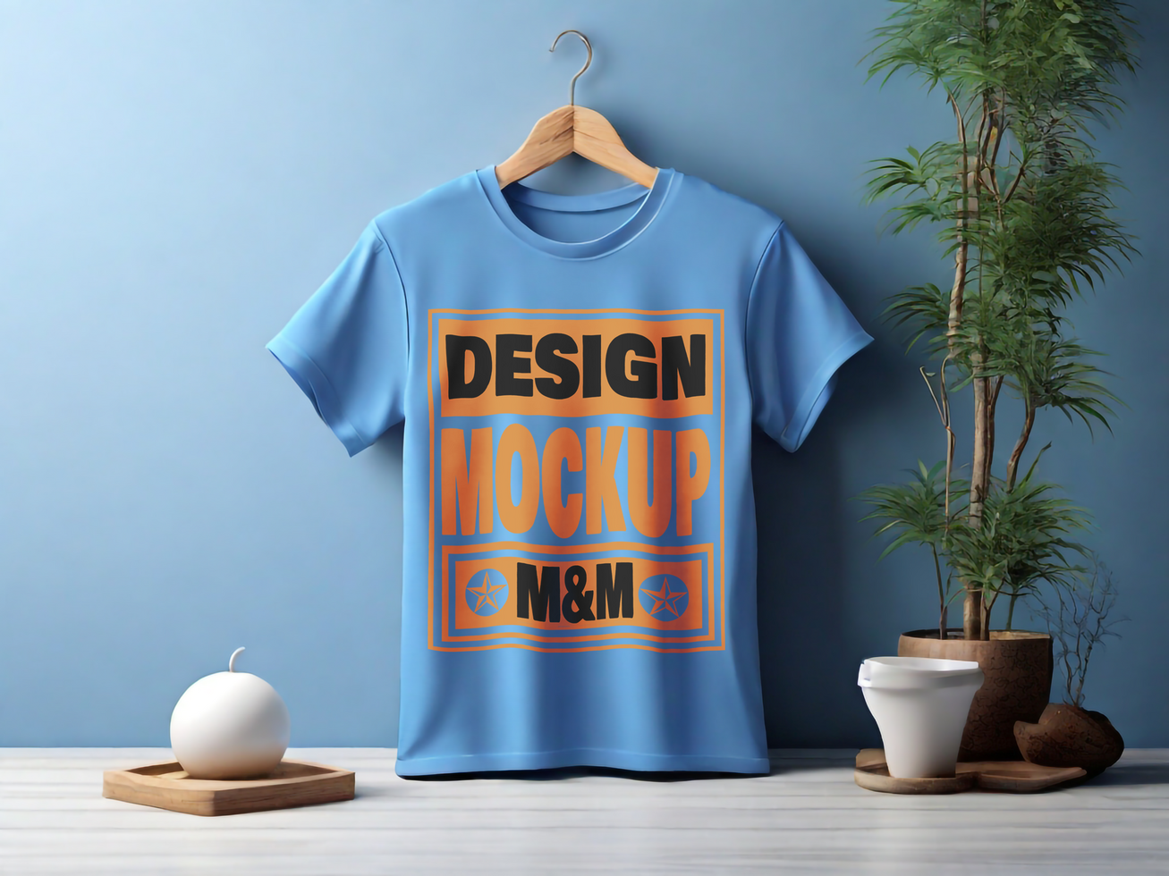 Blue Tshirt Mockup With Decorative house background psd