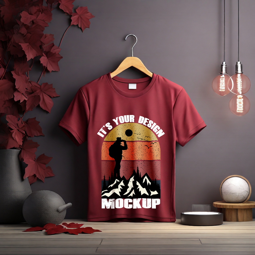 Maroon Tshirt mockup with decorative home background psd
