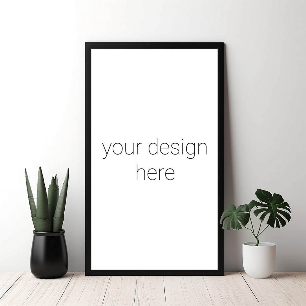 Mockup of black frame for photographs or images standing on wooden floor against white wall psd