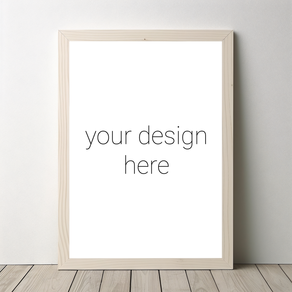 Mockup of beige frame for photographs or images standing on wooden floor against white wall psd