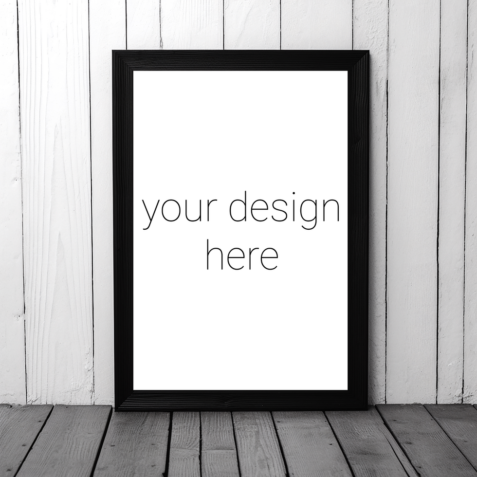 Mockup of black frame for photographs or images standing on wooden floor against white wall psd