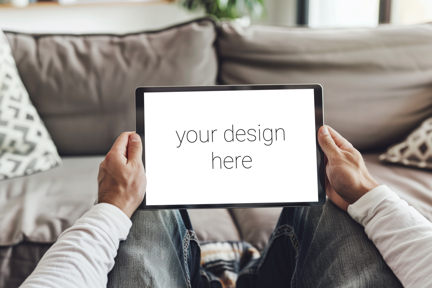 Tablet mockup. Person sits on sofa in room and holds tablet in front of him. psd