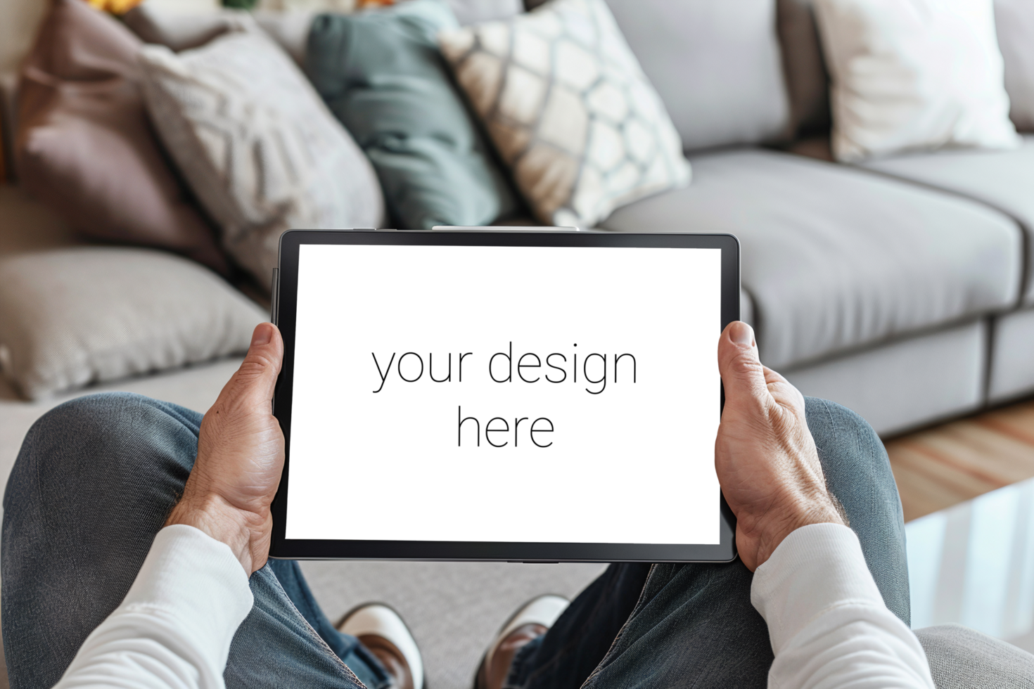 Tablet mockup. Person sits on sofa in room and holds tablet in front of him. psd