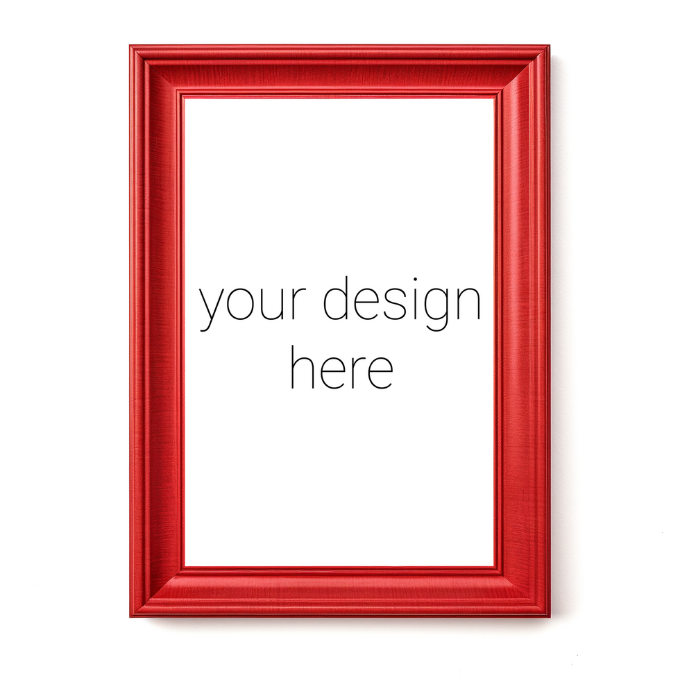 Mockup of red frame for pictures or images on white wall psd