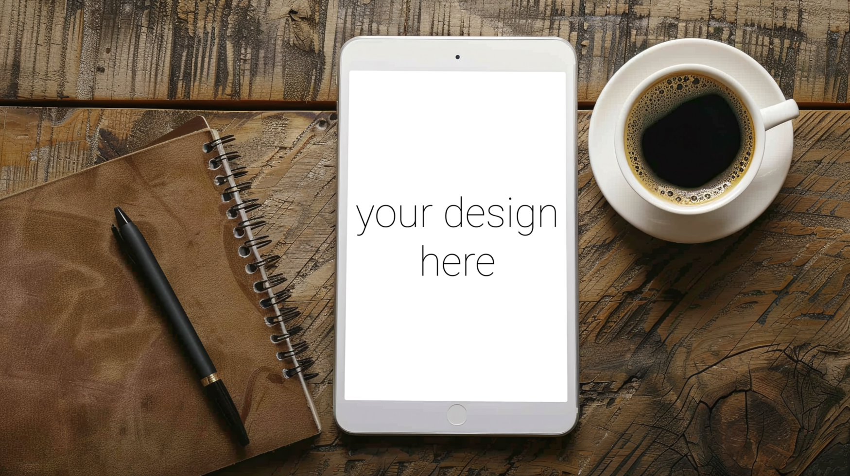 Tablet mockup. The device lies on wooden table next to a cup of coffee psd