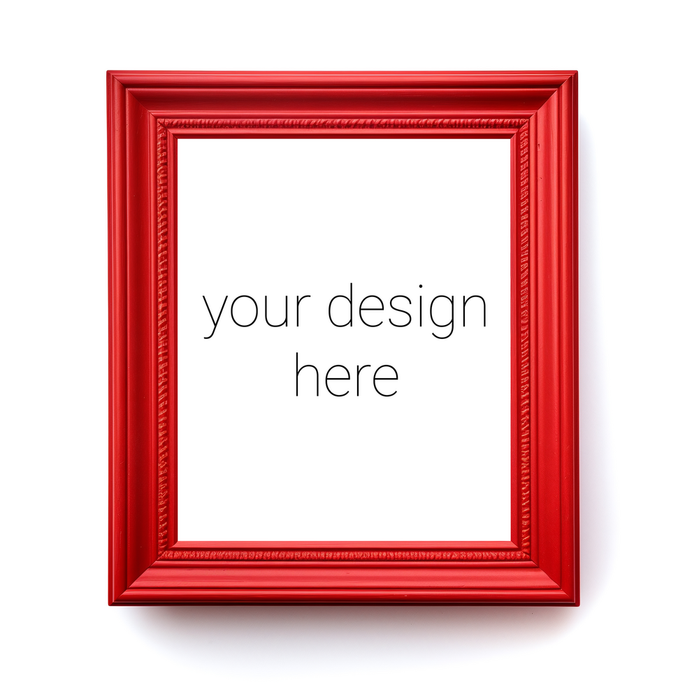 Mockup of red frame for pictures or images on white wall psd