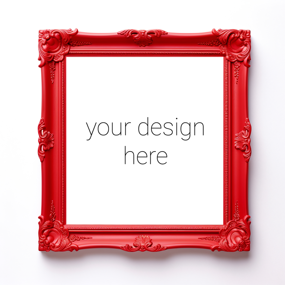Mockup of red frame for pictures or images on white wall psd