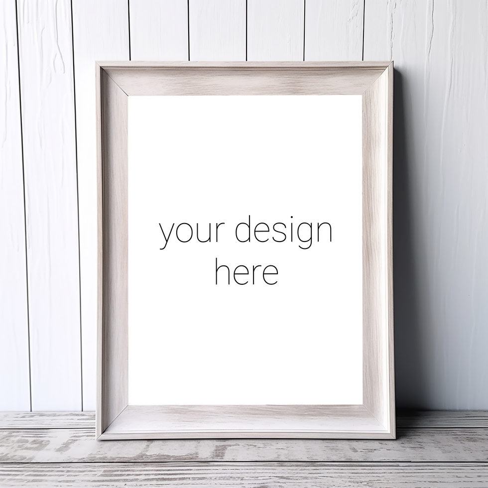 Mockup of beige frame for photographs or images standing on wooden floor against white wall psd