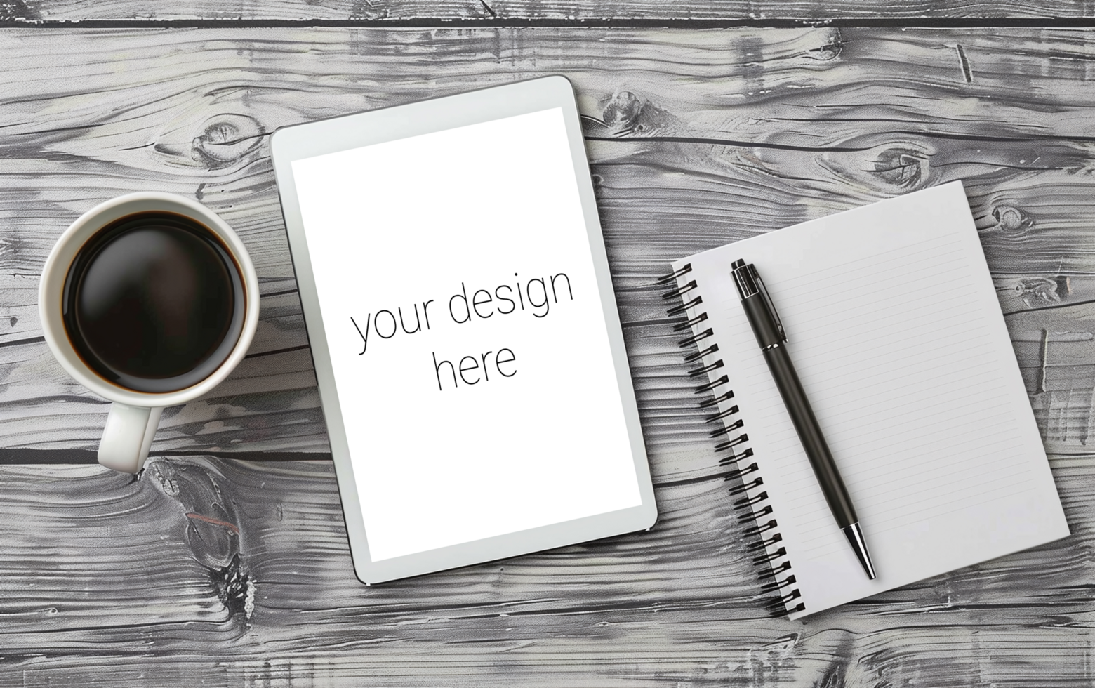Tablet mockup. The device lies on wooden table next to a cup of coffee psd