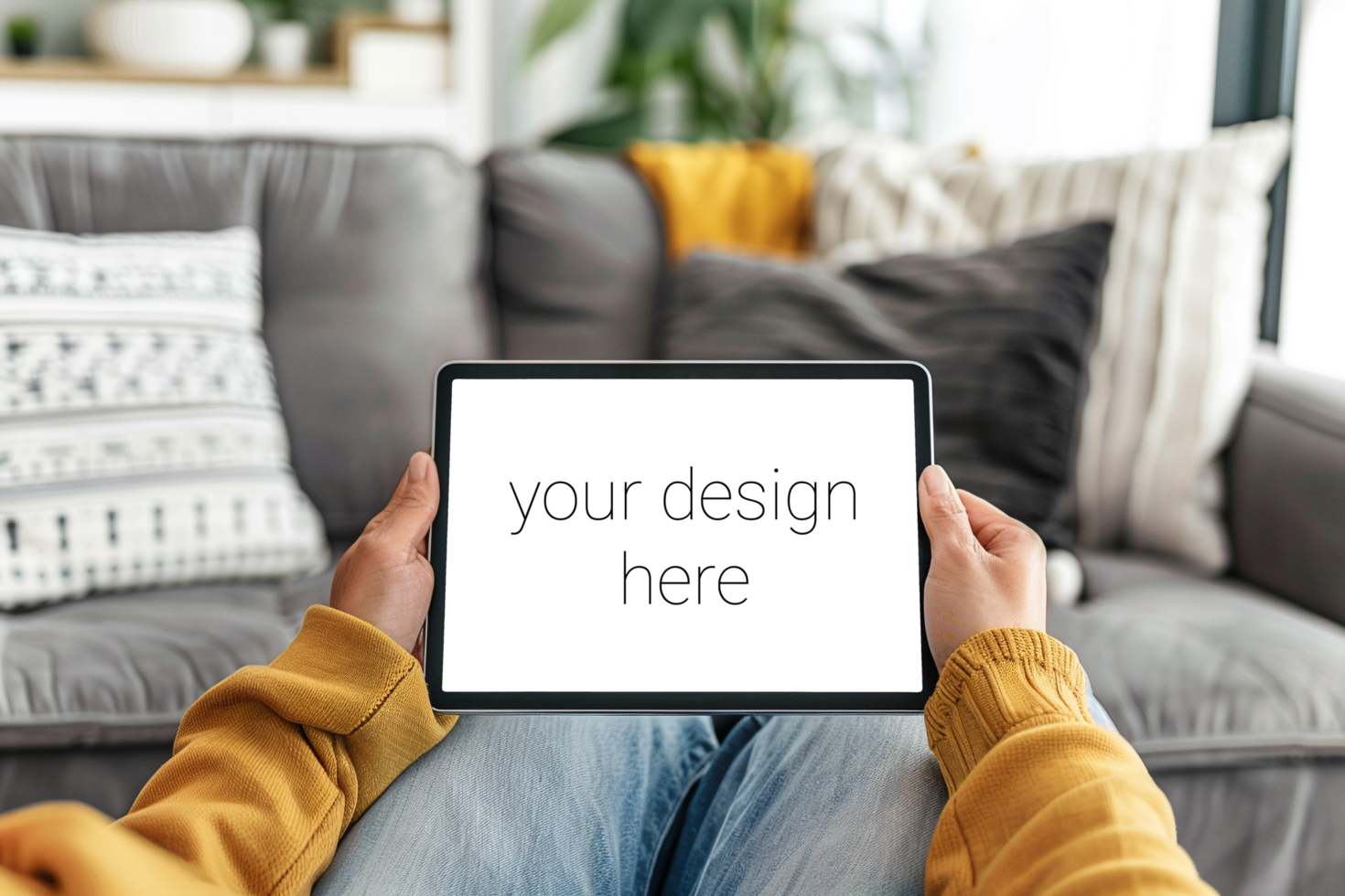Tablet mockup. Person sits on sofa in room and holds tablet in front of him. psd