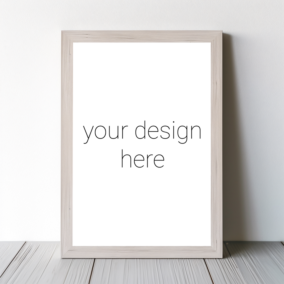 Mockup of beige frame for photographs or images standing on wooden floor against white wall psd