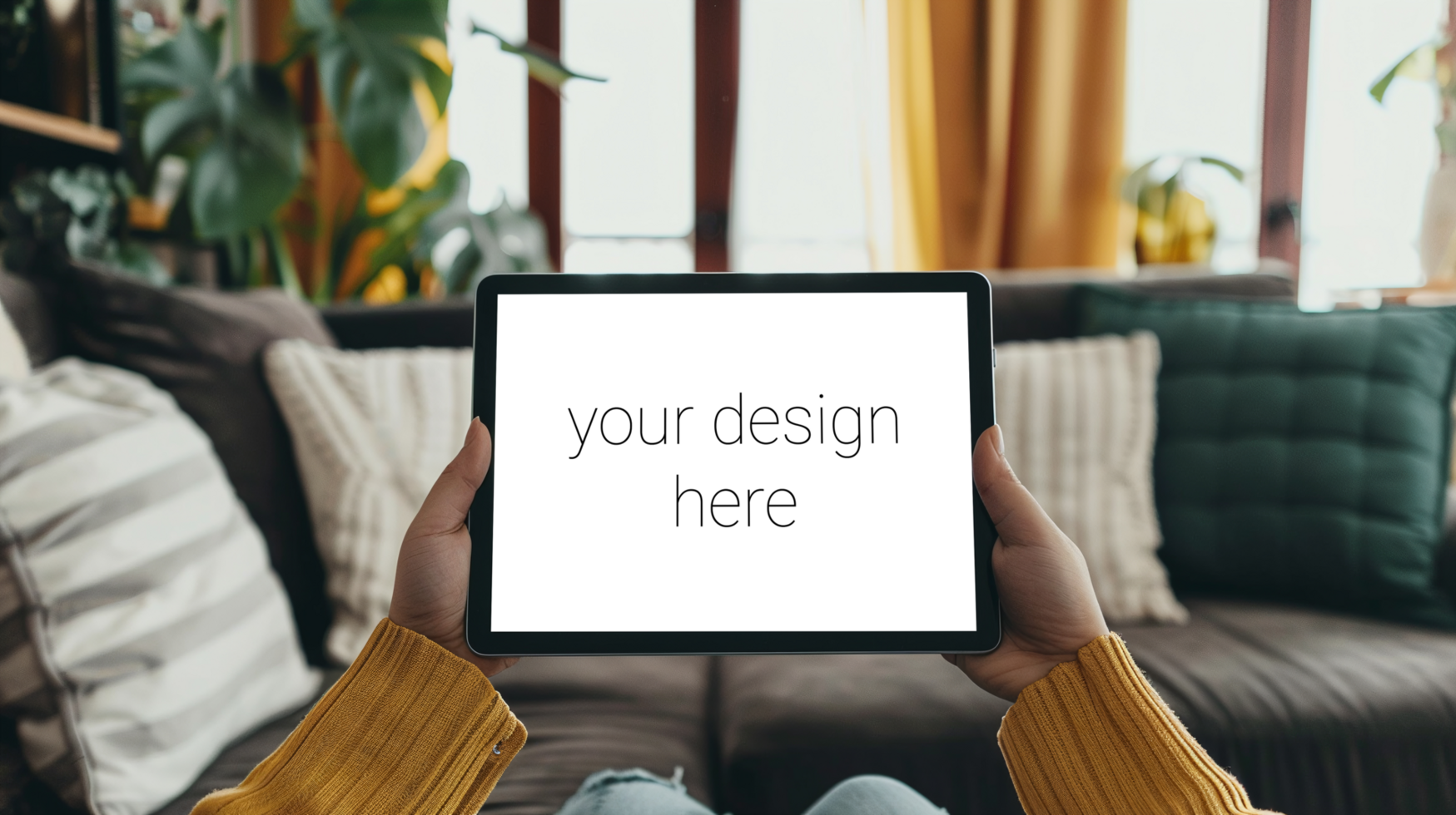 Tablet mockup. Person sits on sofa in room and holds tablet in front of him. psd
