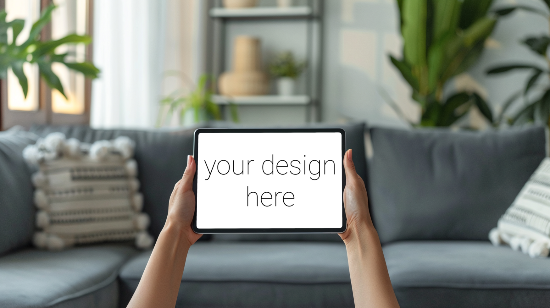Tablet mockup. Person sits on sofa in room and holds tablet in front of him. psd
