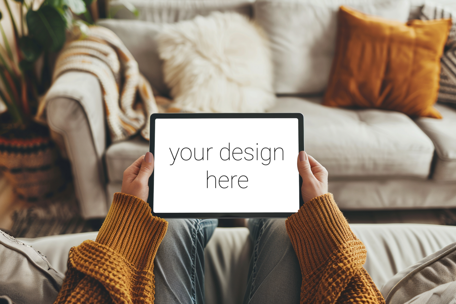 Tablet mockup. Person sits on sofa in room and holds tablet in front of him. psd