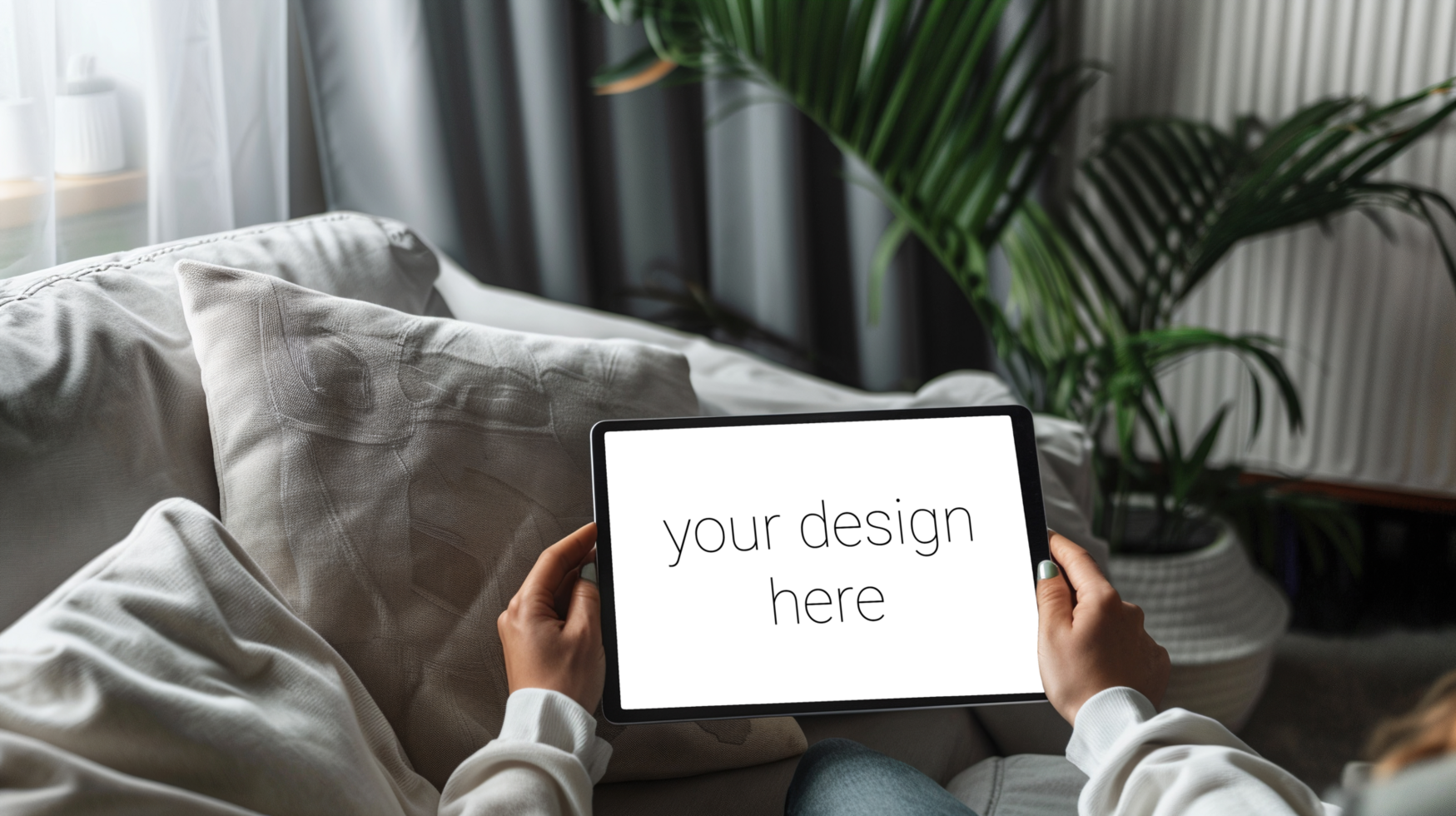 Tablet mockup. Person sits on sofa in room and holds tablet in front of him. psd
