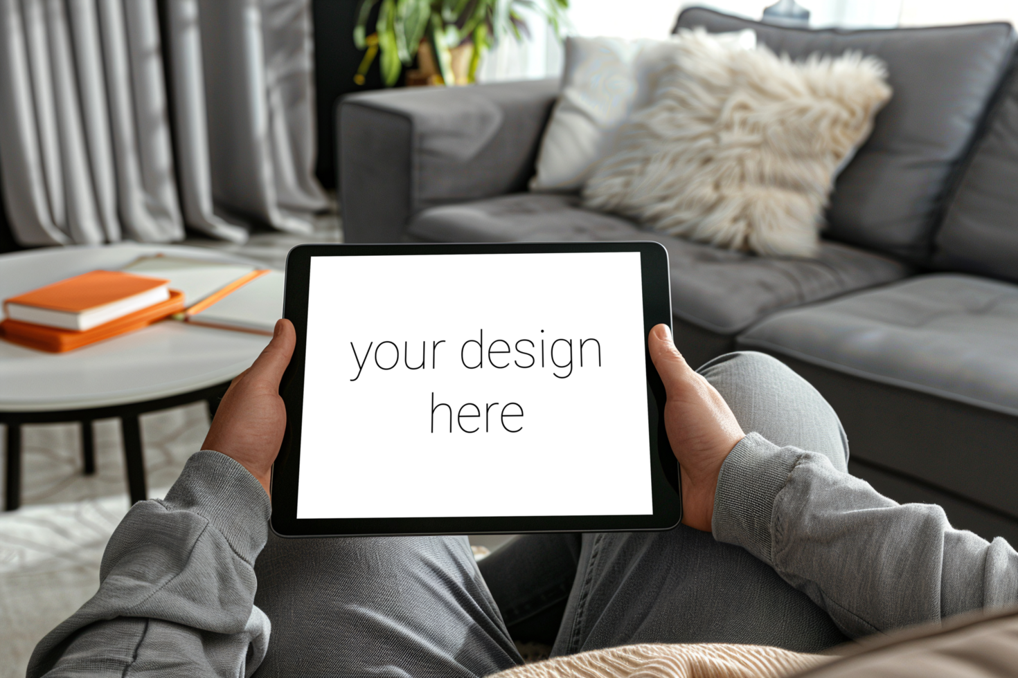 Tablet mockup. Person sits on sofa in room and holds tablet in front of him. psd