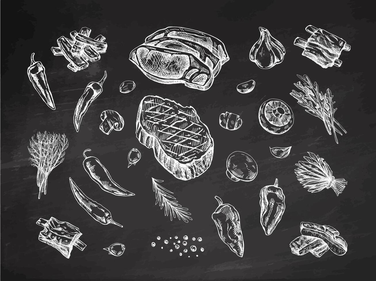 A set of hand-drawn sketches of barbecue elements on chalkboard background. For the design of the menu of restaurants and cafes, grilled food. Pieces of meat and vegetables with seasonings. vector