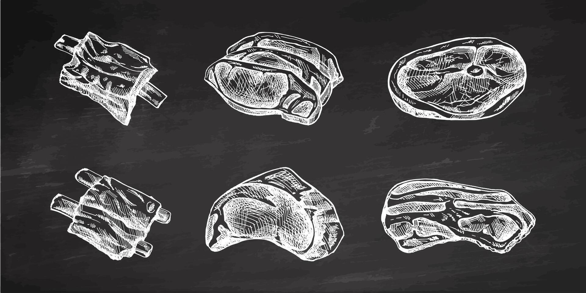 Hand-drawn sketches of pieces of meat, pork or beef steak, ribs, chop meat, bacon, piece of meat cuts. Decorations for menu of cafes. Engraved image on chalkboard background. vector