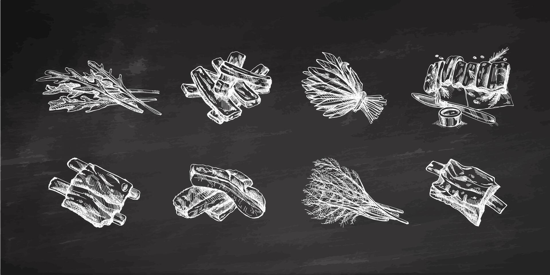 Hand-drawn monochrome sketch set of barbecue ribs and a greens. Doodle vintage illustration. Decorations for the menu of cafes and labels. Engraved image on chalkboard background. vector