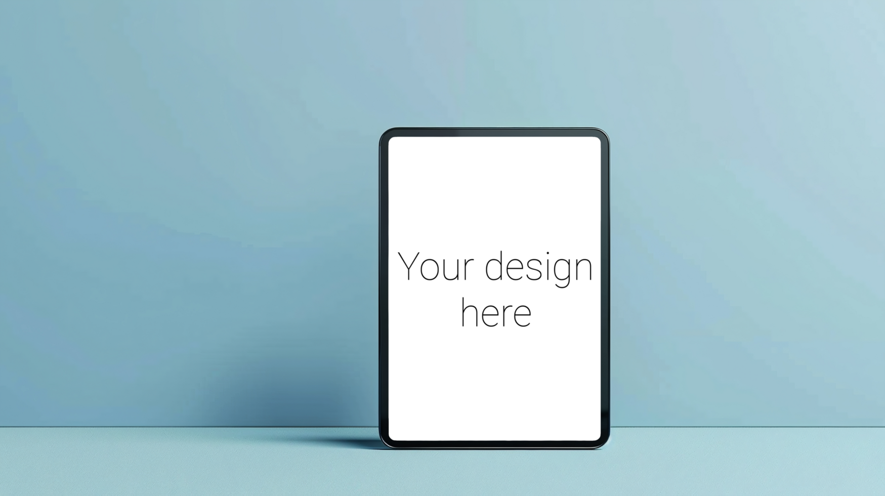 Tablet mockup. The device stands against blue wall. Copy space psd