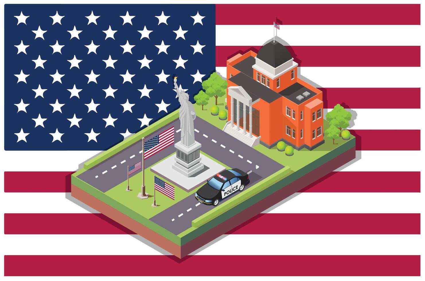 Isometric Illustration of a white building with the Statue of Liberty in the Center of the Square and a police car, Isolated on American flag vector