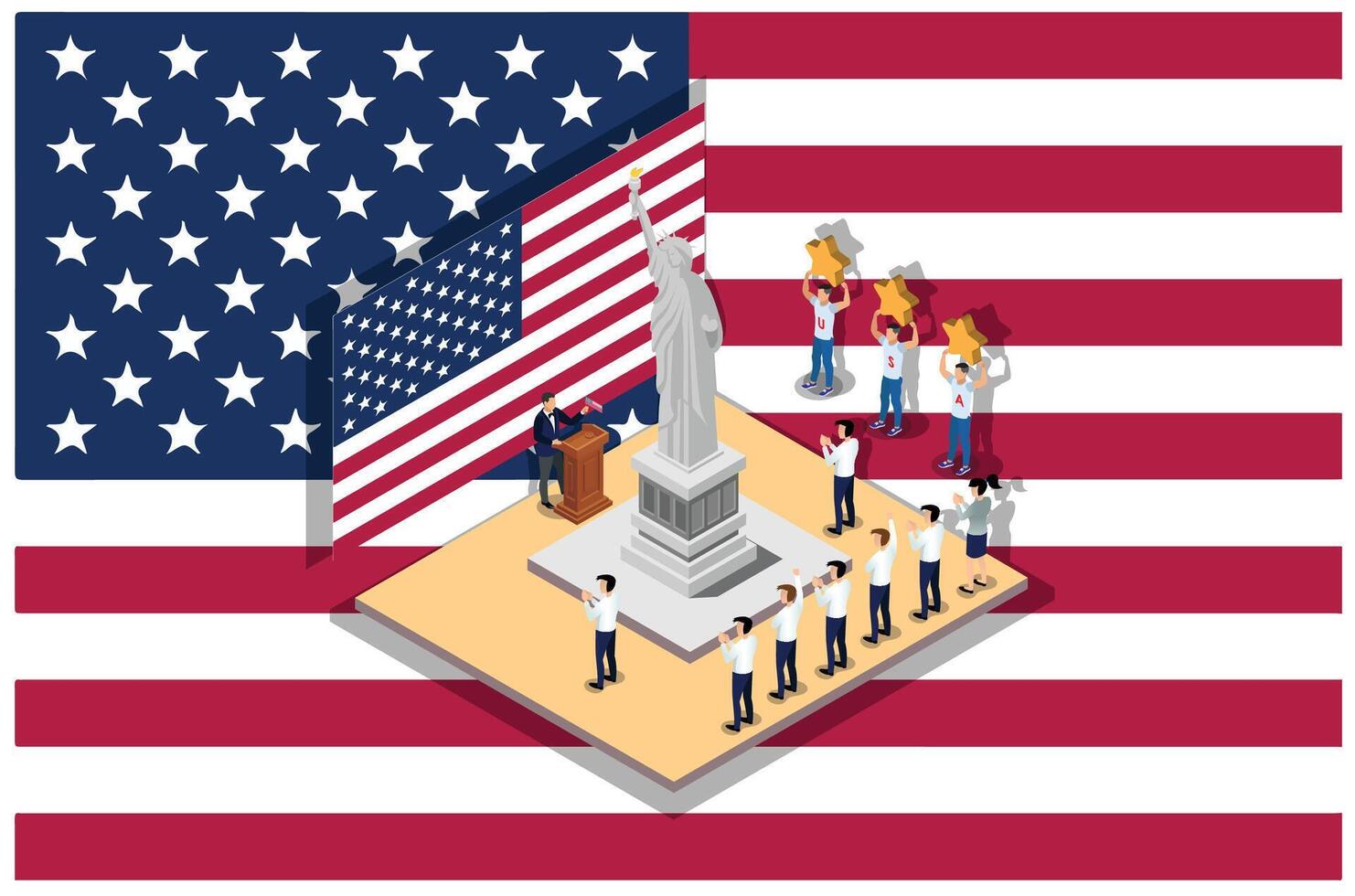 Isometric Illustration of independence day ceremony in front of the statue of liberty in the middle of the field, isolated American flag vector