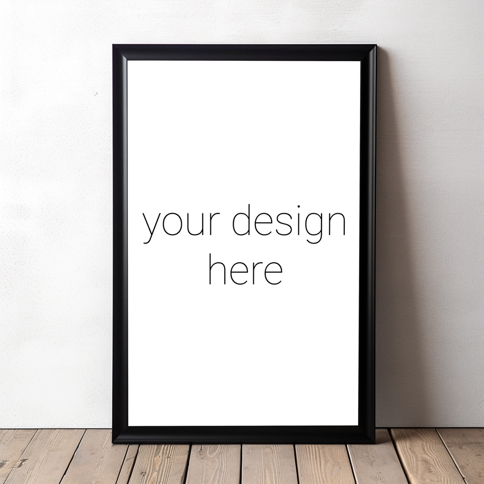 Mockup of black frame for photographs or images standing on wooden floor against white wall psd